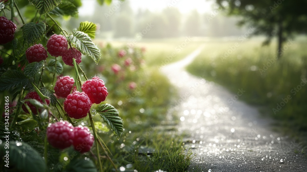 Fototapeta premium A serene path bordered by vibrant raspberry plants in a sunlit landscape.