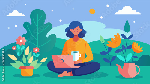 A person enjoying a cup of tea while sitting in a serene garden completely unplugged from the digital world.. Vector illustration