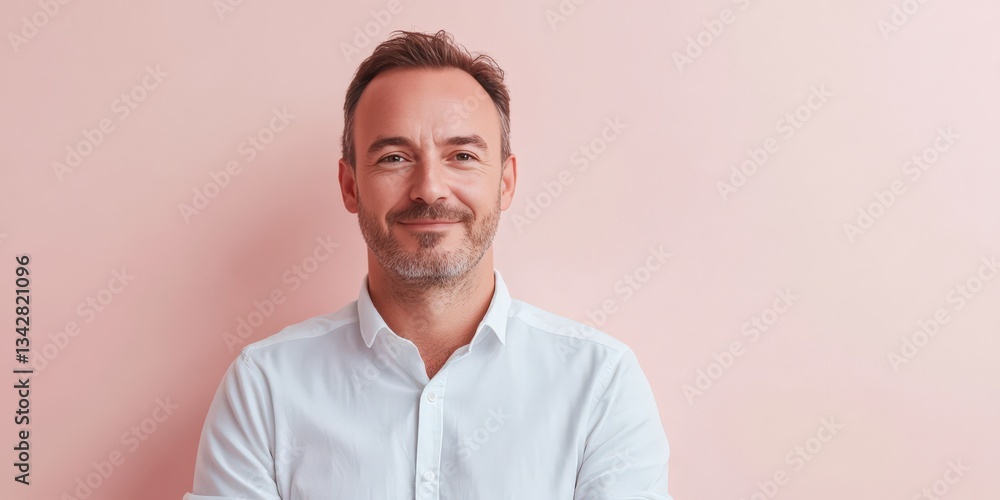 Confident Middle-Aged Man Smiling Against a Soft Pink Background Confident Middle-Aged Man Smiling Against a Soft Pink Background