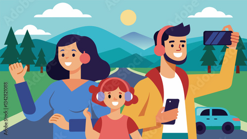 A family road trip filled with earbuds and screens with an occasional pause for a selfie or livestreaming update.. Vector illustration