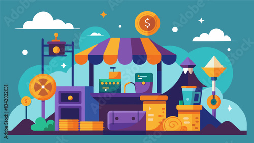 An otherworldly marketplace where data is the currency and different stalls offer a variety of tools and resources for manipulating and analyzing it.. Vector illustration