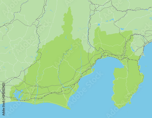 日本の静岡県と隣接する都道府県を含む、シンプルな緑色のロードマップ