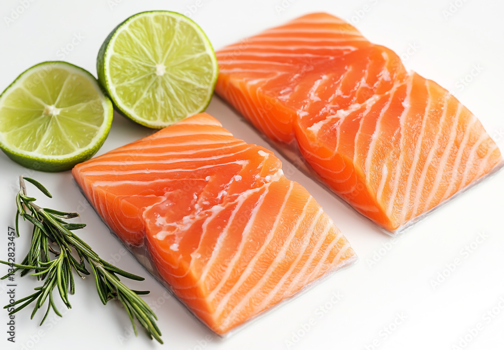 A seared salmon fillet with rosemary and lime slices on a white plate, isolated on a transparent background A seared salmon fillet with rosemary and lime slices on a white plate, isolated on a transparent background