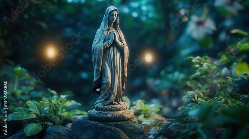Ancient Virgin Mary statue, carved from timeworn marble, surrounded by a mystical atmosphere, cracks and weathered textures telling the story of centuries of faith, bathed in the soft glow of twilight
