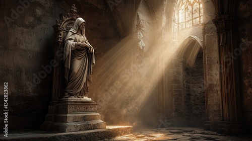 Ancient Virgin Mary statue, carved from timeworn marble, surrounded by a mystical atmosphere, cracks and weathered textures telling the story of centuries of faith, bathed in the soft glow of twilight