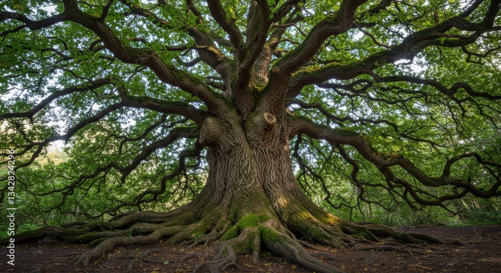 Obraz premium Majestic ancient tree with sprawling branches in a serene forest setting