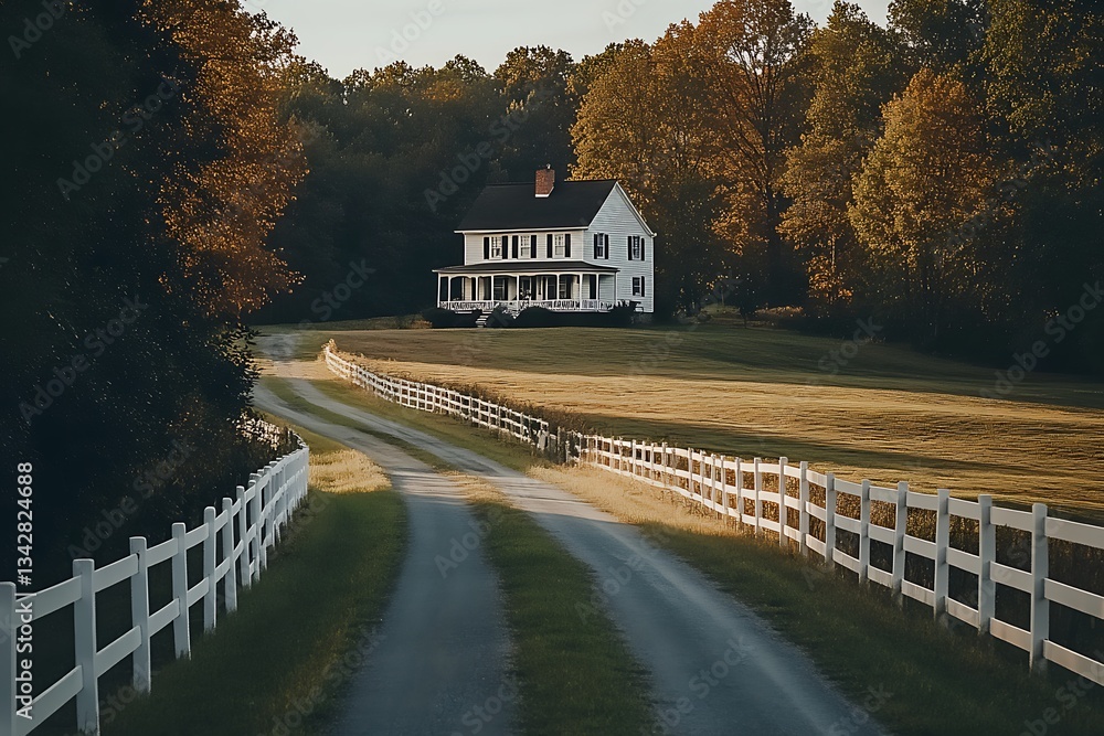 A white fence runs along the road leading to an old farmhouse in Virginia, USA, with autumn trees and green pastures on both sides. The photo was taken