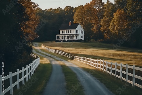 A white fence runs along the road leading to an old farmhouse in Virginia, USA, with autumn trees and green pastures on both sides. The photo was taken 