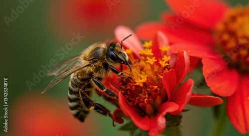 Close-up of a bee pollinating vibrant red flowers in a lush garden
