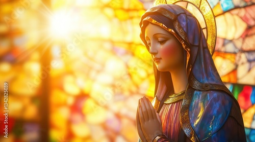 Virgin Mary as a stained glass window centerpiece, illuminated by warm golden sunlight, vibrant colors glowing, filling the sacred space with a sense of divine peace