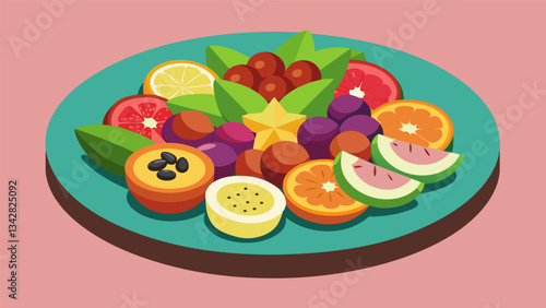 A symphony of flavors and textures this visually appealing platter consists of luscious fruits and crunchy nuts arranged in an appealing design.. Vector illustration
