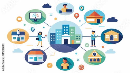 An interactive community hub powered by data integration where residents can access and participate in various city services and initiatives fostering a sense of community and. Vector illustration