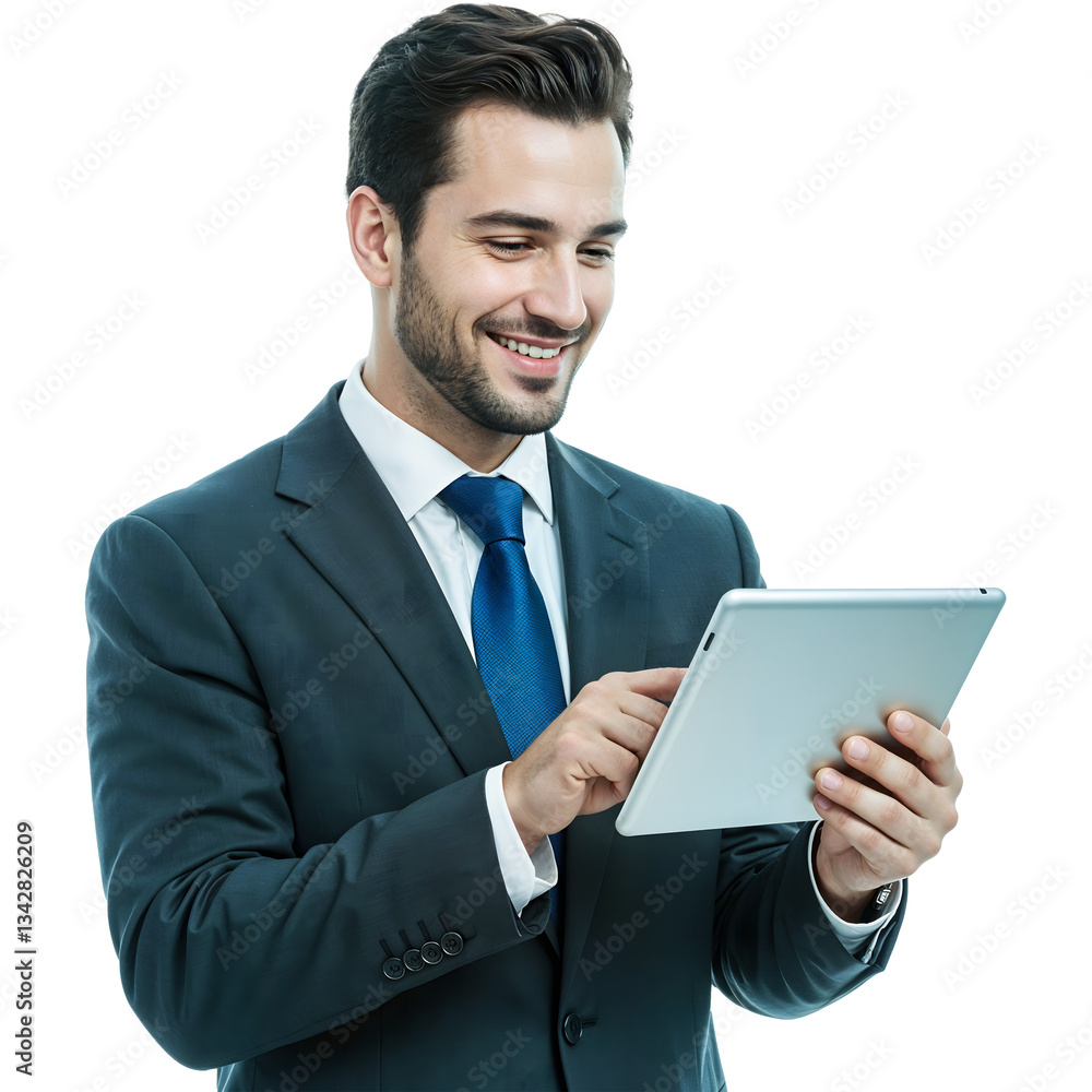 Smiling businessman using a digital tablet in a modern office setting Smiling businessman using a digital tablet in a modern office setting