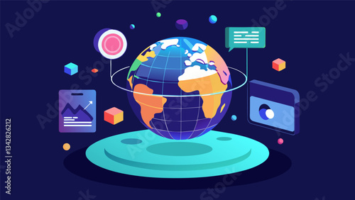 An augmented reality experience where viewers can interact with digital data visualizations overlaid onto a globe allowing them to explore the global flow of information.. Vector illustration