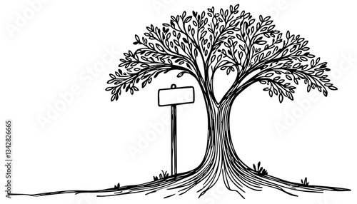 Hand-drawn tree with blank sign in a black on a transparent background