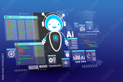 AI Artificial Intelligence technology for data analysis, research, planning, and work generate. AI assistant dashboard.
