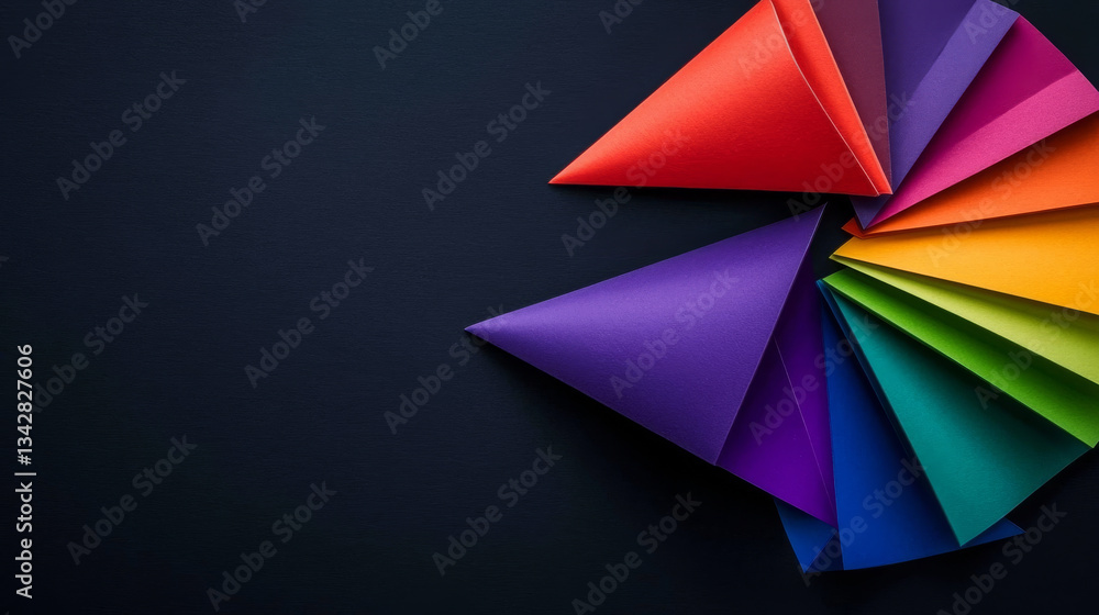 Colorful paper cones arranged in fan shape on dark background create vibrant and artistic display. vivid colors contrast beautifully with dark surface, enhancing visual appeal Colorful paper cones arranged in fan shape on dark background create vibrant and artistic display. vivid colors contrast beautifully with dark surface, enhancing visual appeal