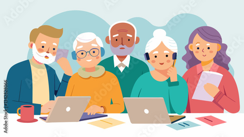 A group of determined seniors writing letters and making phone calls to their representatives urging them to support bills that will improve the quality of life for elderly. Vector illustration