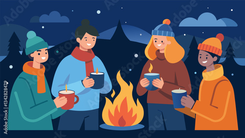On a chilly winter day friends sit around a fireplace warming their hands on their mate cups as they reminisce about old memories and create new ones.. Vector illustration