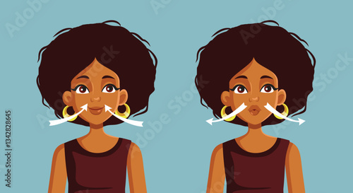 Healthy Woman Inhaling and Exhaling Vector Cartoon Illustration. Pearson doing a breathing exercise for calming nerves and mindfulness 