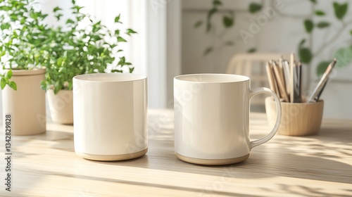 Wallpaper Mural Two minimalist mugs on a wooden table with greenery in a bright, inviting space. Torontodigital.ca