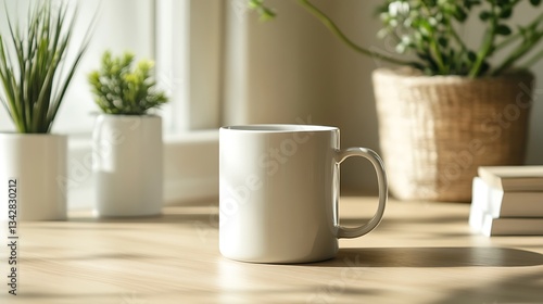 Wallpaper Mural A simple white mug rests on a wooden table, surrounded by potted plants and books. Torontodigital.ca