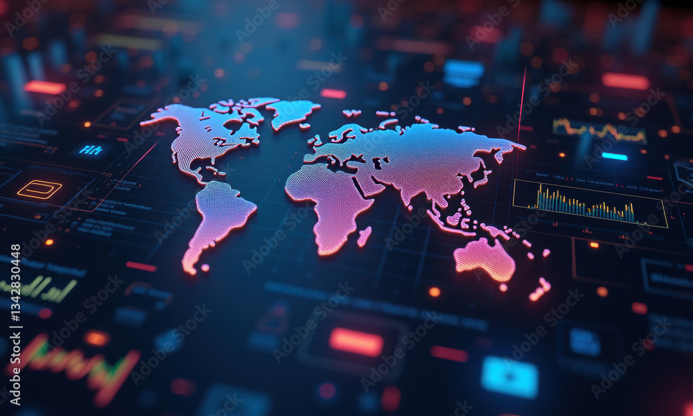 Global Network, Digital World Map, Data Visualization - Abstract te. Global Network, Digital World Map, Data Visualization - Abstract te.