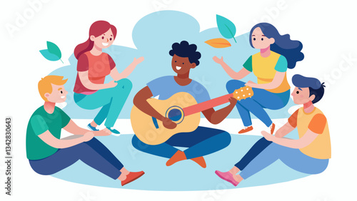 A group of teens gathers in a circle passing around a guitar and taking turns singing songs that represent their struggles and triumphs. Through music they build a strong sense of. Vector illustration