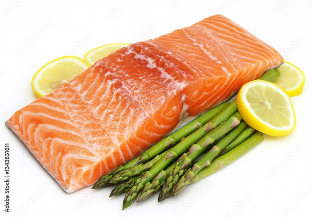 Sunkist-style photograph of grilled salmon with asparagus and lemon, on a white background Sunkist-style photograph of grilled salmon with asparagus and lemon, on a white background