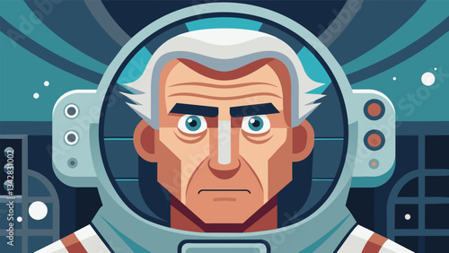 A closeup of an older astronauts face as they perform experiments in a laboratory their eyes shining with curiosity and determination.. Vector illustration