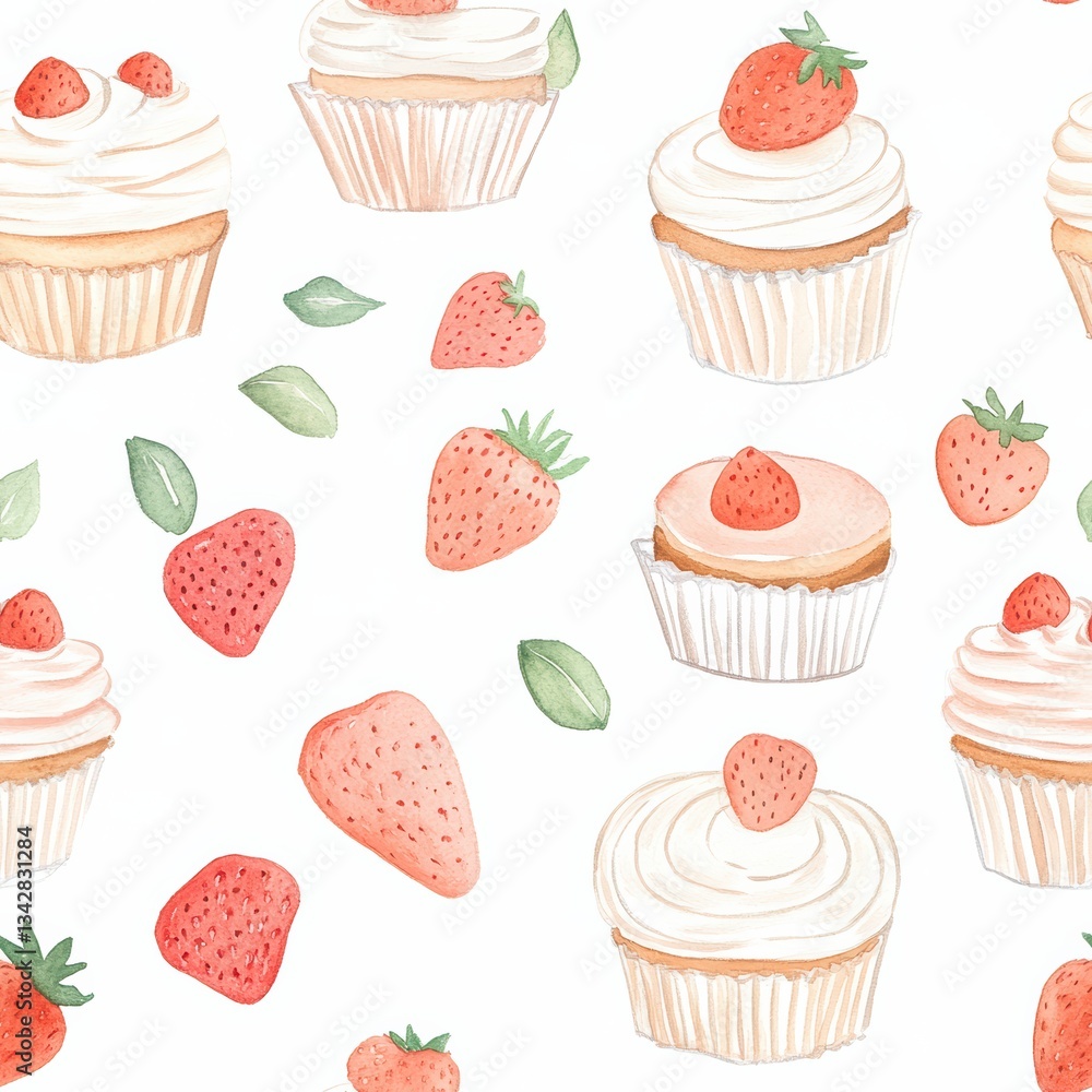 Hand-Painted Watercolor Seamless Pattern of Strawberries and Cupcakes Hand-Painted Watercolor Seamless Pattern of Strawberries and Cupcakes