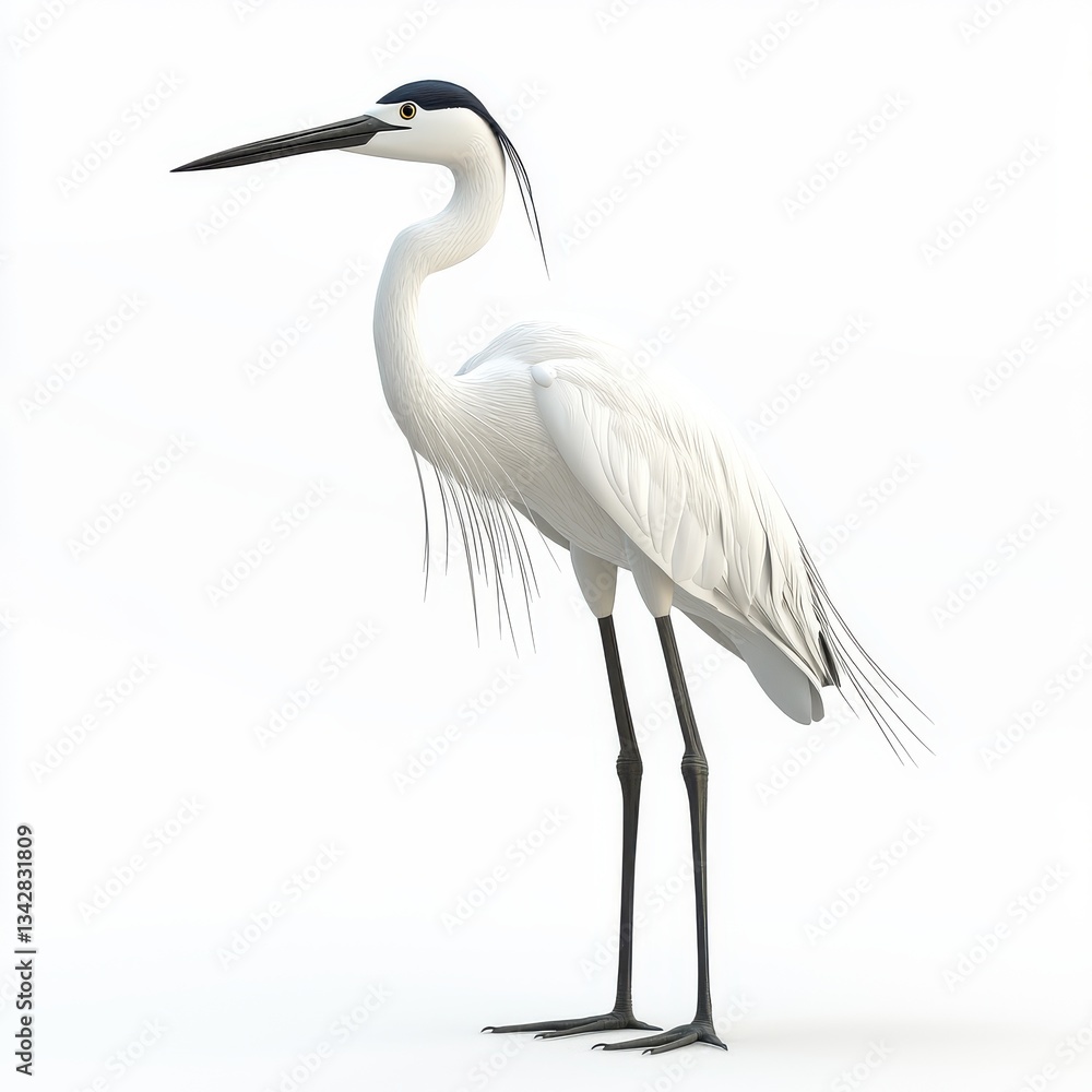 Obraz premium Elegant white heron standing gracefully against a light background showcasing its long legs and sharp beak in a natural pose