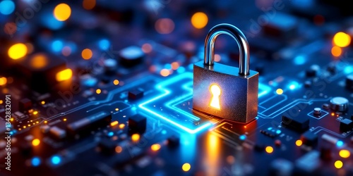 A Cybersecurity Fortress: A glowing padlock symbolizes robust security, safeguarding a circuit board, with digital data flowing through intricate pathways. The scene evokes protection, safety