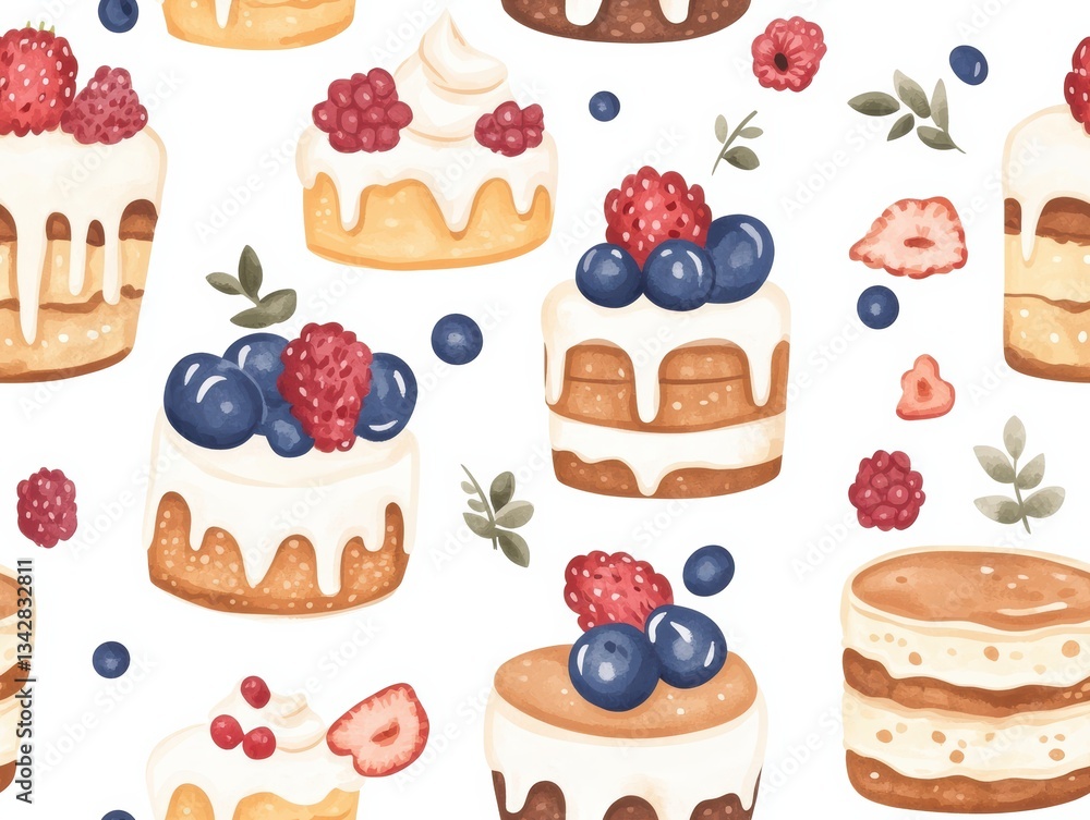 Vibrant Watercolor Seamless Pattern of Layered Desserts and Berries Vibrant Watercolor Seamless Pattern of Layered Desserts and Berries