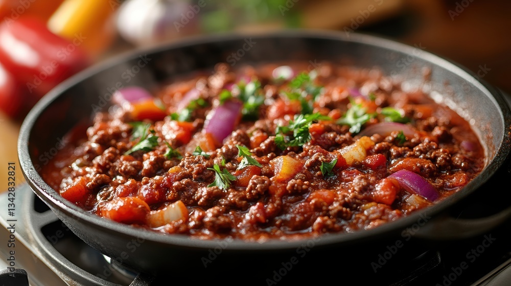 A vibrant tapestry of flavors unfolds as a sizzling chili con carne sizzles on the stove, its fiery red hue contrasting against the warm hues of the onions and peppers that dance around it. The aroma A vibrant tapestry of flavors unfolds as a sizzling chili con carne sizzles on the stove, its fiery red hue contrasting against the warm hues of the onions and peppers that dance around it. The aroma