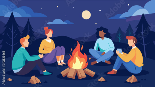 A group of friends sitting around a campfire swapping stories and roasting marshmallows just like they did during their camping trips in the past.. Vector illustration