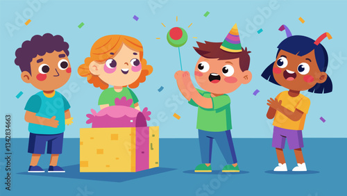 The children excitedly wait for their turn to break the pi ata their eyes wide with anticipation as they try to guess what treats and toys are hidden inside.. Vector illustration