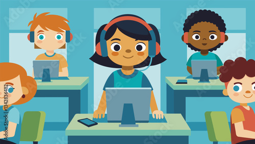 The quiet hum of the computers fills the air as the children work on individual assignments their concentration evident on their determined young faces.. Vector illustration