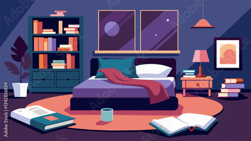 A luxurious bedroom with a plush rug and a stack of magazines inviting a relaxed evening without the distraction of scrolling through endless newsfeeds.. Vector illustration