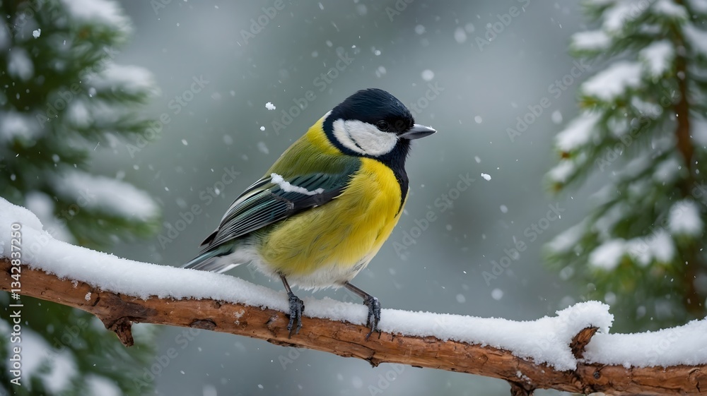 Obraz premium Colorful Great Tit Perched on a Branch in a Snowy Forest