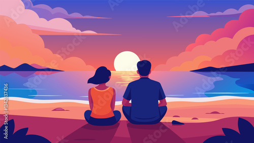 A couple sitting on a beach watching a colorful sunset and soaking in the beauty of the moment without the distraction of screens.. Vector illustration