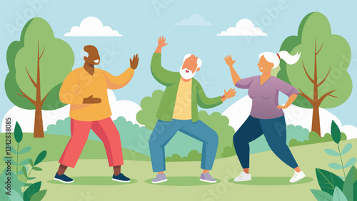 A diverse gathering of energetic seniors joined together through the shared experience of Tai Chi moving and breathing in harmony amidst the evergreens and scented flowers of a. Vector illustration