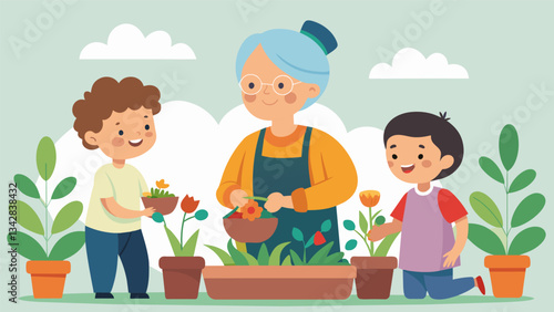 A grandmother and her grandchildren bonding over gardening as she passes down her knowledge and love for nurturing plants.. Vector illustration