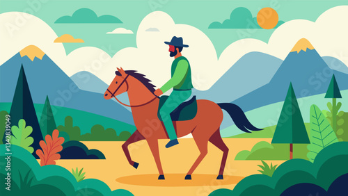A man takes his horse for a leisurely ride through the countryside feeling a sense of freedom and tranquility as they trot through fields and forests.. Vector illustration