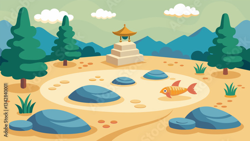 A Japaneseinspired Zen garden with carefully p rocks raked sand and a tranquil koi pond.. Vector illustration