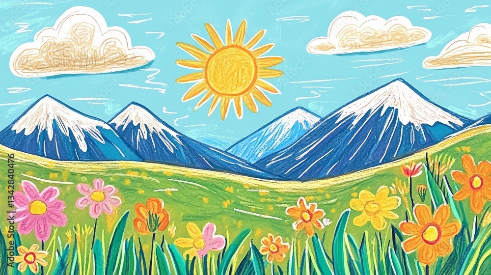 Fototapeta premium A whimsical depiction of nature with crayon-drawn clouds and a scenic land.