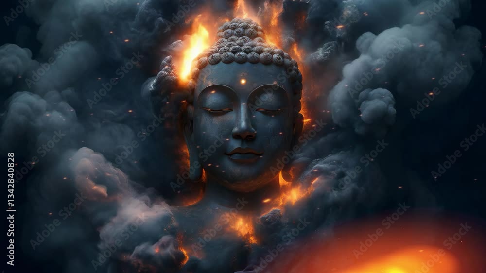 A giant floating Buddha head surrounded by mystical clouds and fire, creating a surreal spiritual vision. Perfect for Vesak Day, enlightenment, and meditation themes. A giant floating Buddha head surrounded by mystical clouds and fire, creating a surreal spiritual vision. Perfect for Vesak Day, enlightenment, and meditation themes.
