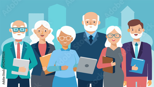 A group of retired Baby Boomer exeives come together to form a consulting firm utilizing their vast experience and knowledge accumulated over the years to guide and advise. Vector illustration