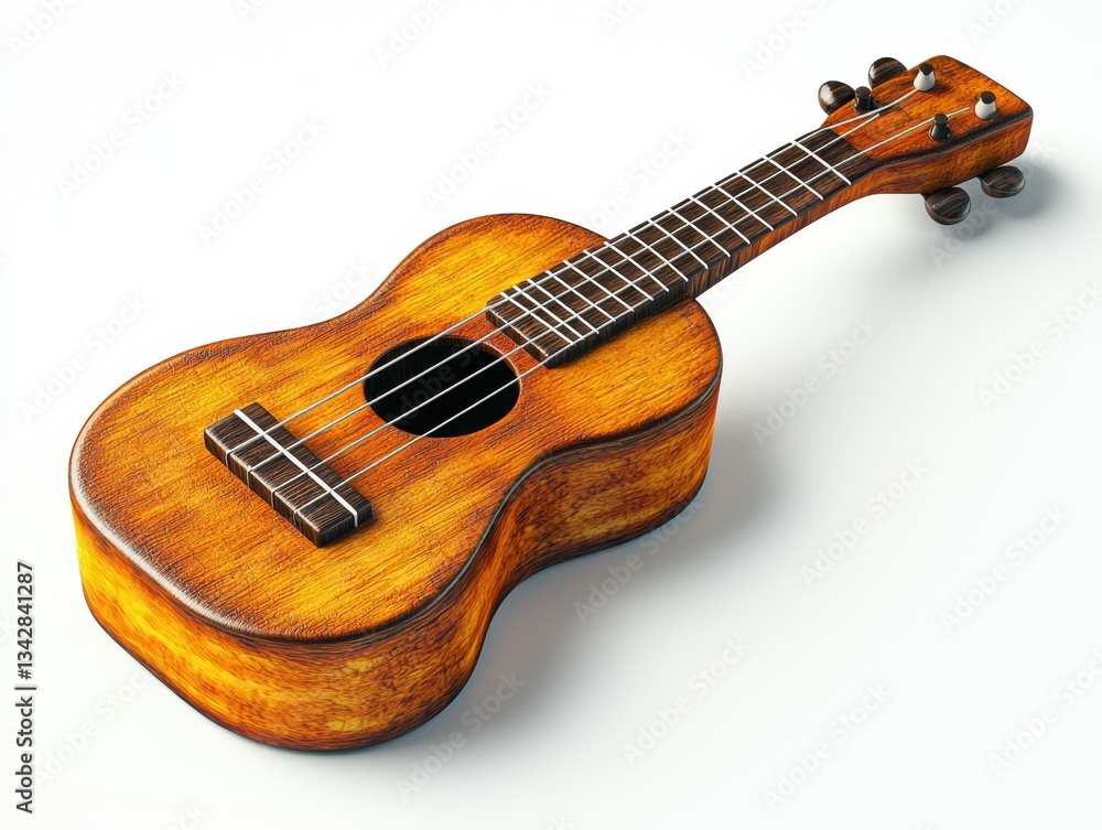 Fototapeta premium Beautiful and Detailed Wooden Ukulele in Bright Light on White Background, Perfect for Music Lovers and Educational Use