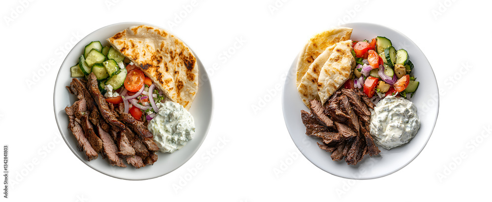 Greek gyro platter with pita, beef, salad, and tzatziki sauce isolated on a transparent background Greek gyro platter with pita, beef, salad, and tzatziki sauce isolated on a transparent background